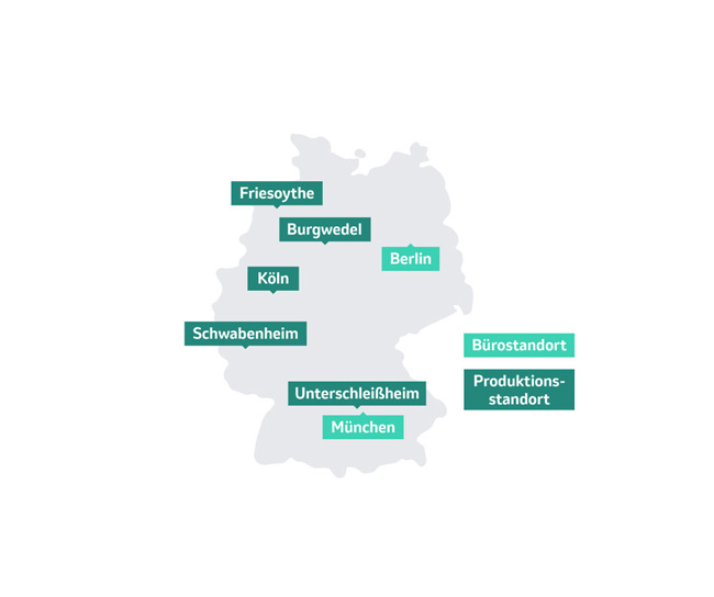 Eine Landkarte zeigt die sieben Standorte von MSD in Deutschland: Friesoythe, Burgwedel, Köln, Berlin, Unterschleissheim, München, Schwabenheim