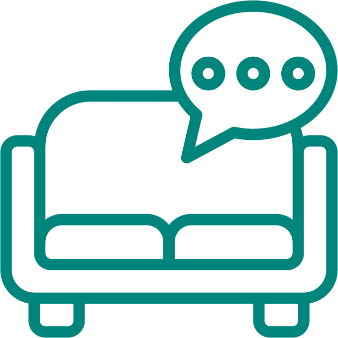 Icon mit einem Sofa und einer Sprechblase darüber zur Symbolisierung des Themas Paar- und Familientherapie