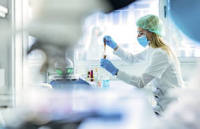 Scientists working with test tubes in lab