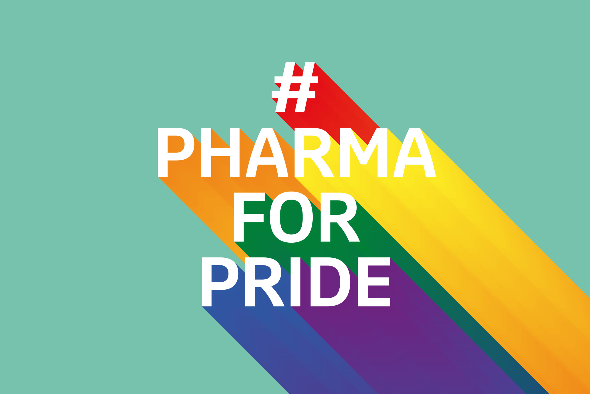 Schriftzug #PharmaForPride mit Regenbogenfarben hinterlegt vor hellgrünem Hintergrund