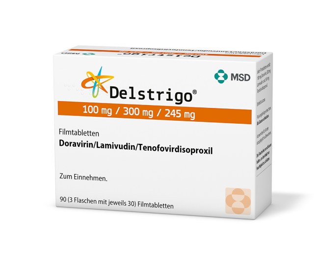 Verpackung des Arzneimittels Delstrigo® (Doravirin/Lamivudin/ Tenofovirdisoproxil)
