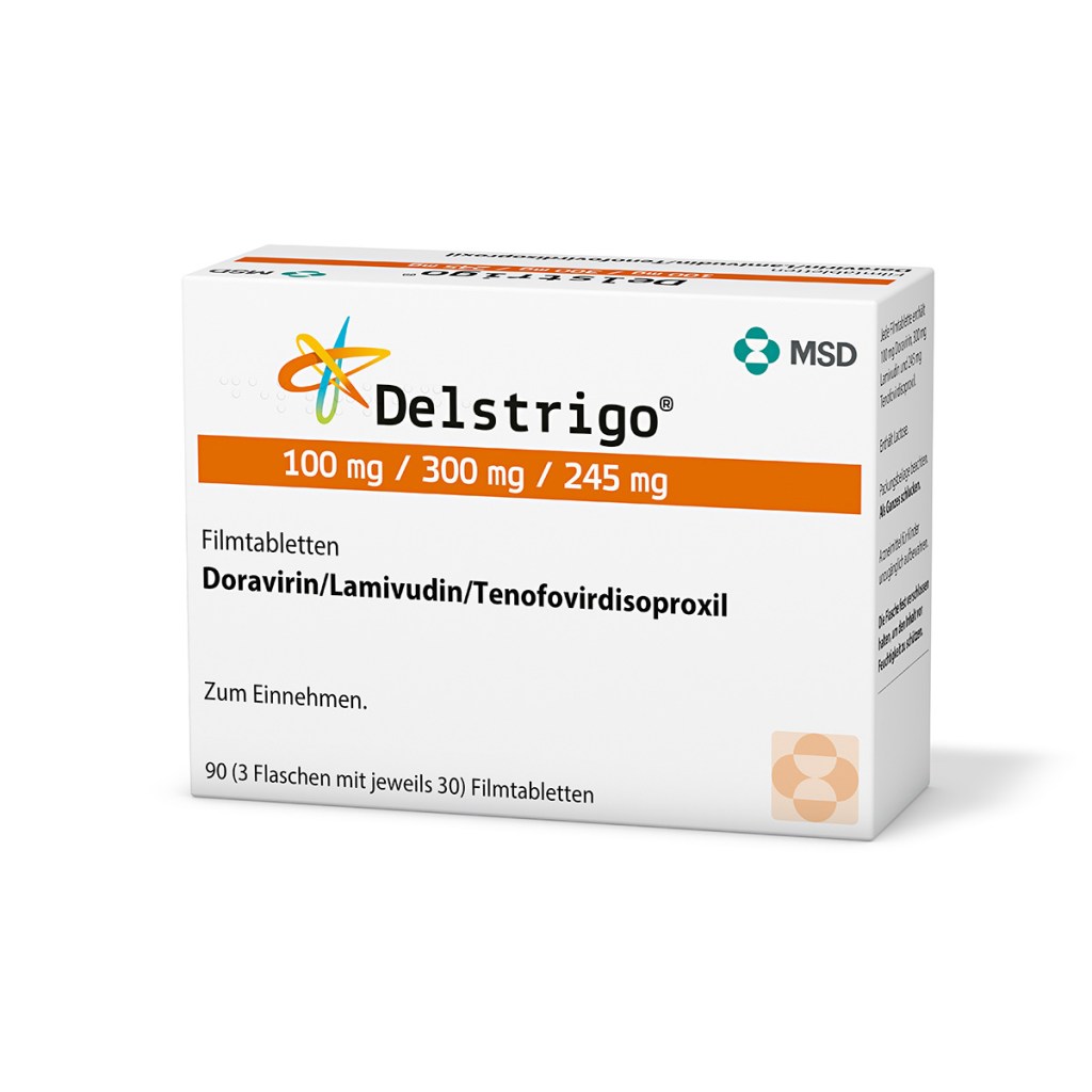 Verpackung des Arzneimittels Delstrigo® (Doravirin/Lamivudin/ Tenofovirdisoproxil)