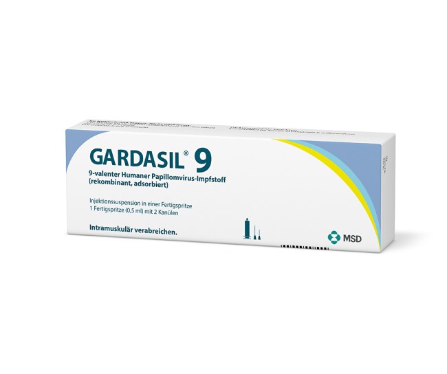 Verpackung des Arzneimittels GARDASIL®9 (9-valenter Humaner Papillomvirus-Impfstoff, rekombinant, adsorbiert)