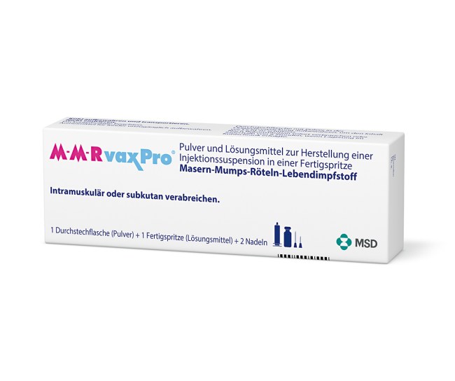 Verpackung des Arzneimittels M-M-RvaxPro® (Masern-Mumps-Röteln-Lebendimpfstoff)