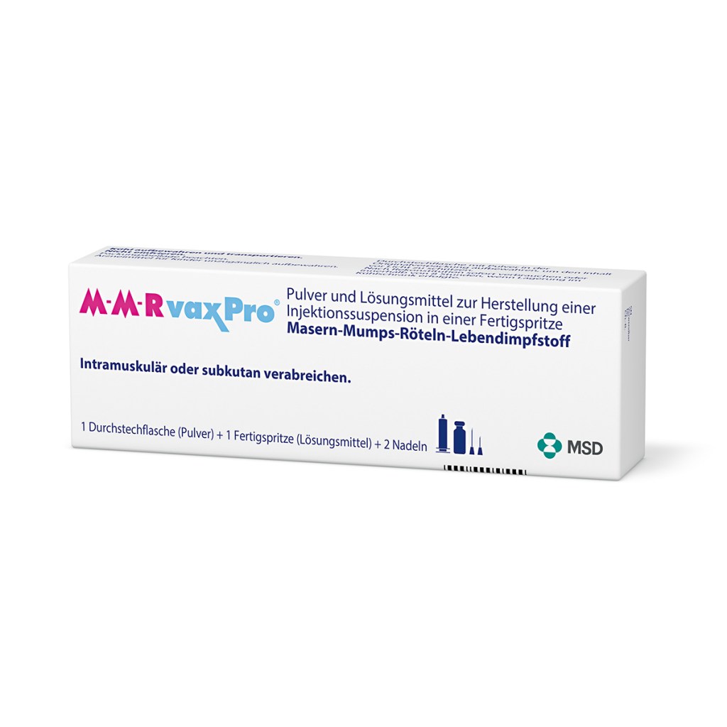 Verpackung des Arzneimittels M-M-RvaxPro® (Masern-Mumps-Röteln-Lebendimpfstoff)