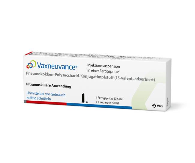 Verpackung des Arzneimittels Vaxneuvance® (Pneumokokken-Polysaccharid-Konjugatimpfstoff, 15-valent, adsorbiert)