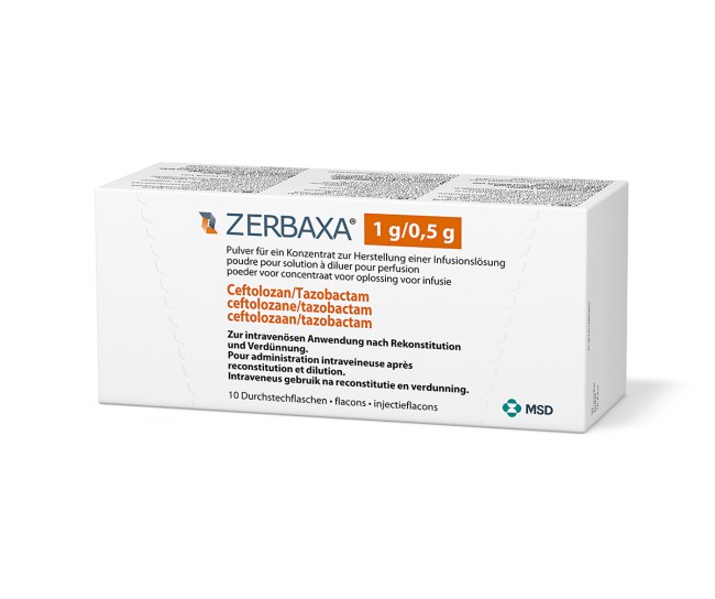 Verpackung des Arzneimittels Zerbaxa® (Ceftolozan/Tazobactam)