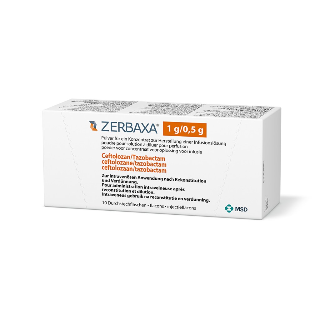 Verpackung des Arzneimittels Zerbaxa® (Ceftolozan/Tazobactam)