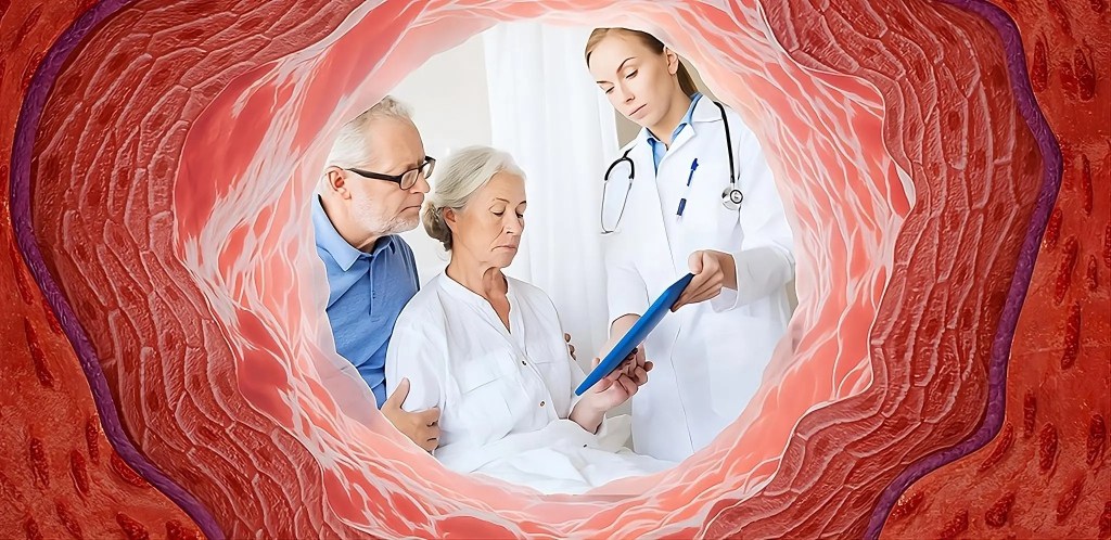 Eine ältere Frau bekommt von einer Jungen Ärztin ein Tablet zum Lesen vorgehalten. Die Illustration zeigt den Aufbau eines arteriellen Blutgefäßes.