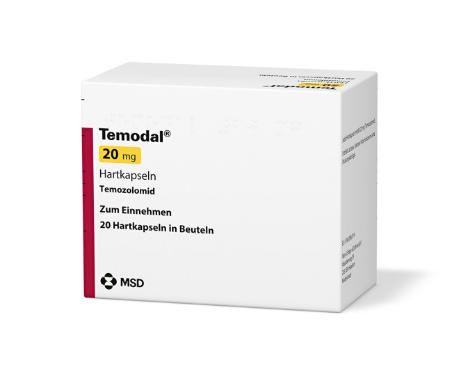 Verpackung des Arzneimittels Temodal® (Temozolomid)