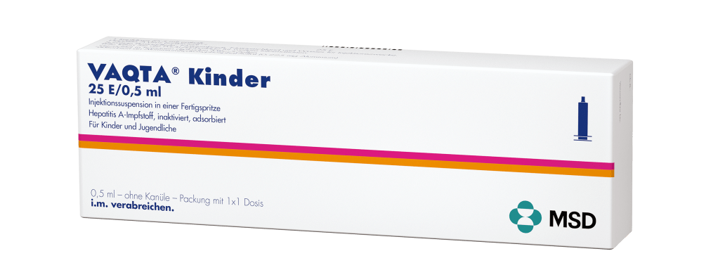 Verpackung des Arzneimittels VAQTA® Kinder (Hepatitis A-Impfstoff, inaktiviert, adsorbiert)