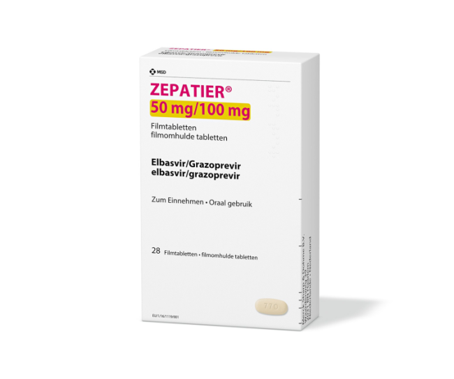 Verpackung des Arzneimittels ZEPATIER® (Elbasvir/Grazoprevir)
