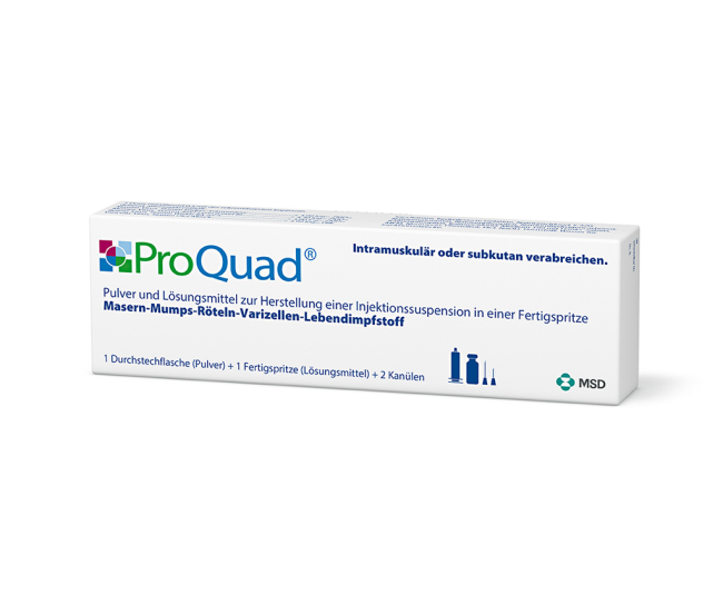 Verpackung des Arzneimittels ProQuad® (Masern-Mumps-Röteln-Varizellen-Lebendimpfstoff)