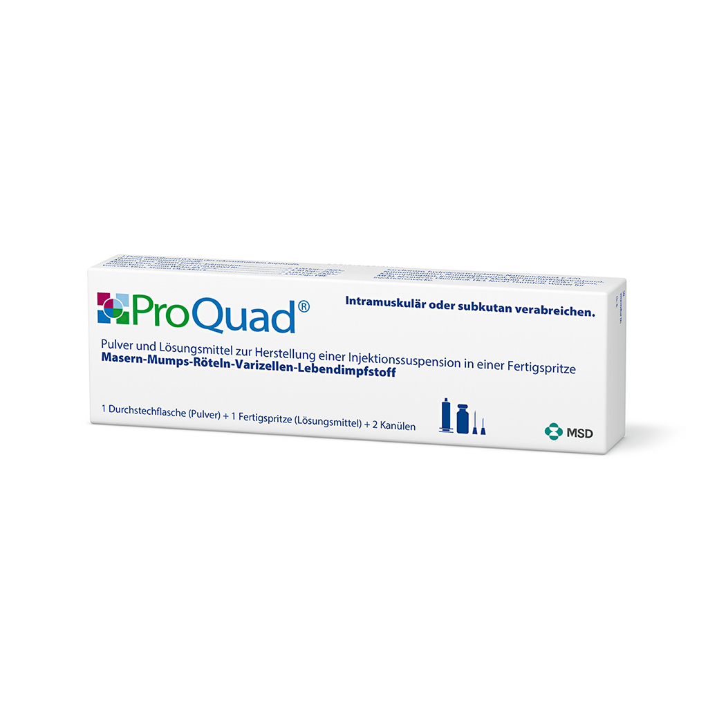Verpackung des Arzneimittels ProQuad® (Masern-Mumps-Röteln-Varizellen-Lebendimpfstoff)