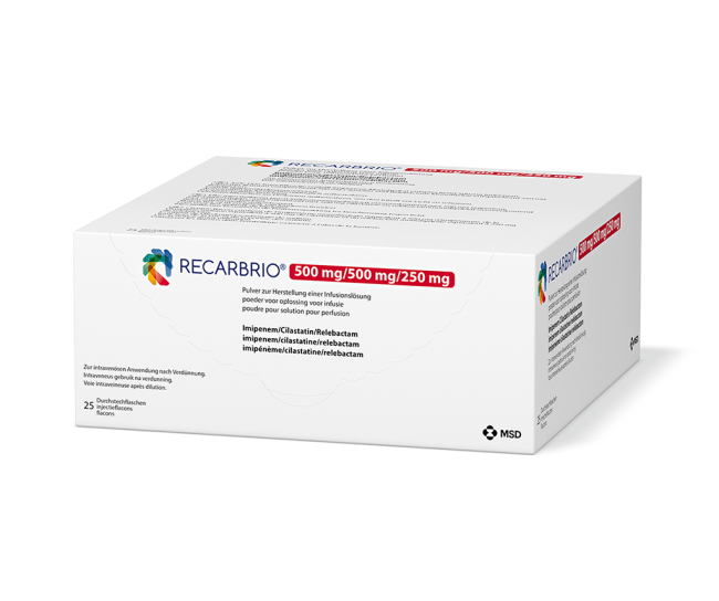 Verpackung des Arzneimittels Recarbrio® (Imipenem/Cilastatin/Relebactam)