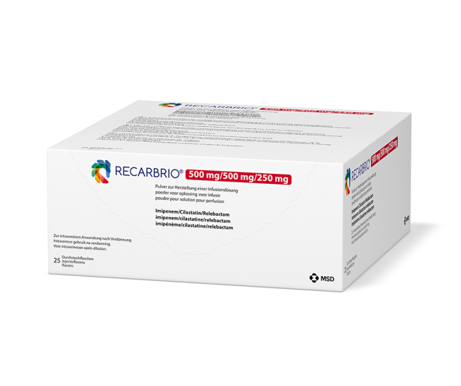 Verpackung des Arzneimittels Recarbrio® (Imipenem/Cilastatin/Relebactam)