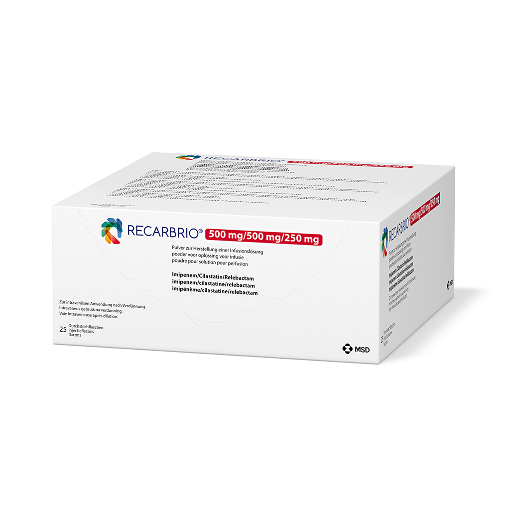 Verpackung des Arzneimittels Recarbrio® (Imipenem/Cilastatin/Relebactam)