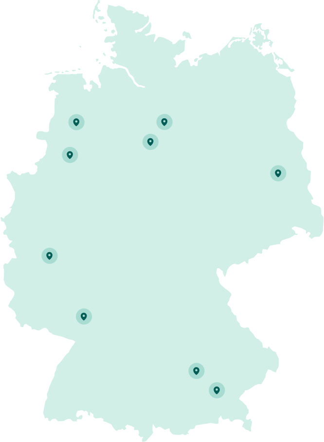 Grafik einer Deutschlandkarte auf der die Standorte von MSD in Deutschland markiert sind.