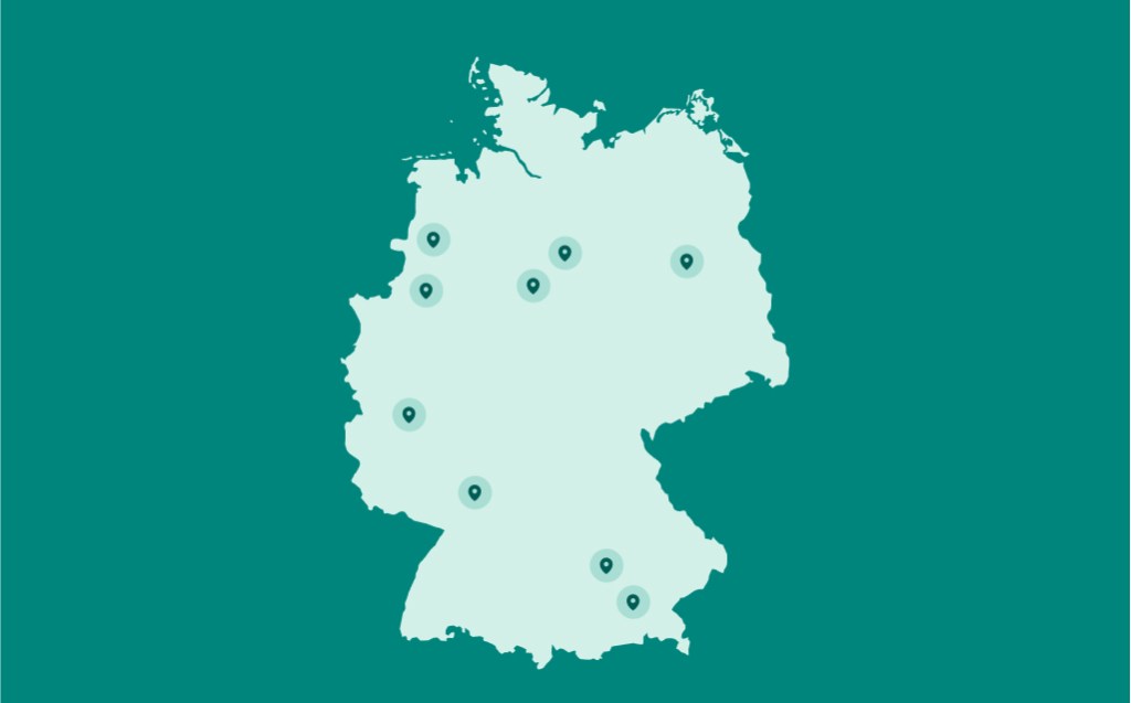 Grafik einer Deutschlandkarte auf der die Standorte von MSD in Deutschland markiert sind.
